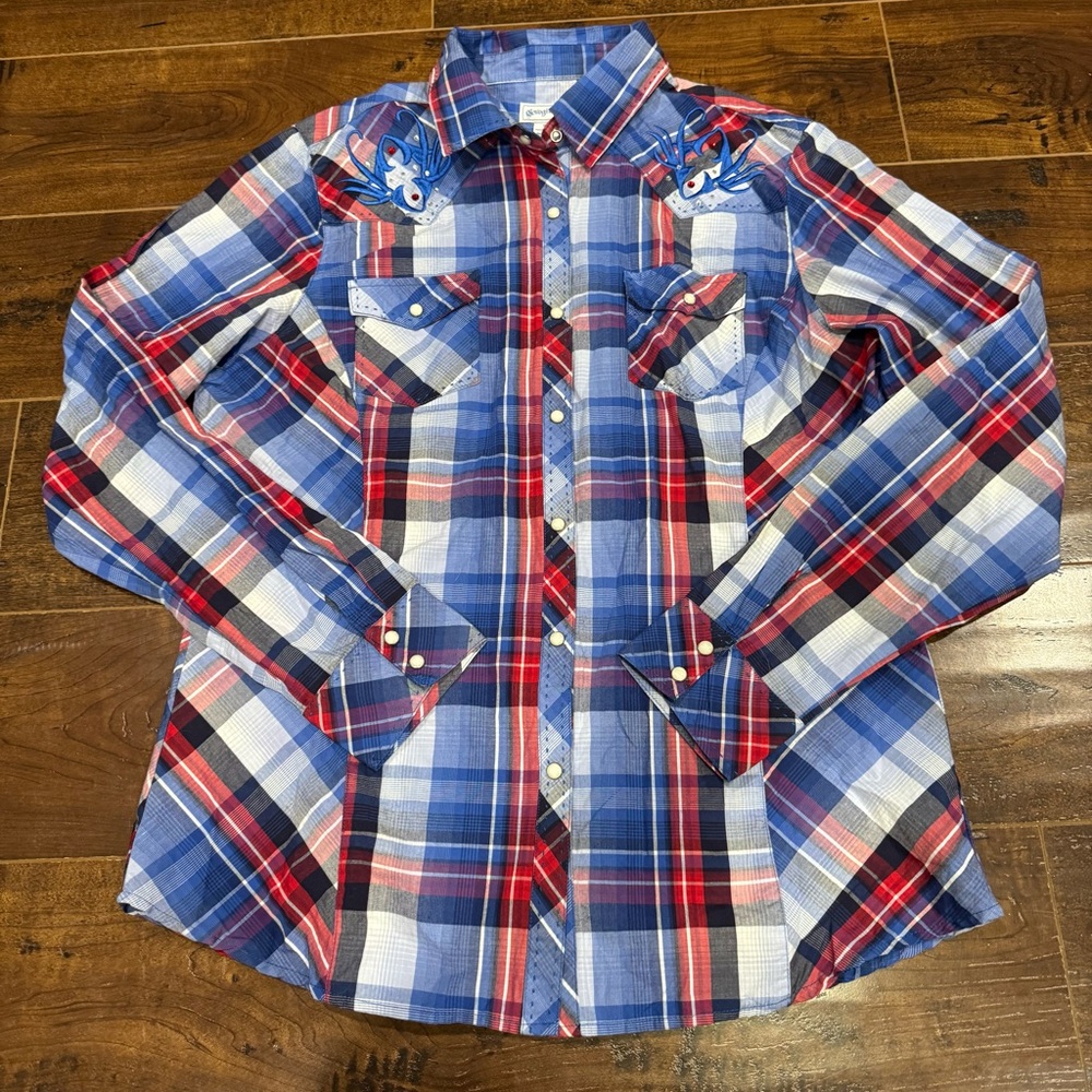 Cowgirl Up Women Large Embroidered Red White & Blue Pearl Snap Western Shirt